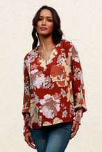 Floral V-Neck Smocked Lantern Sleeve Blouse Brown Woman Blouses