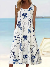 Printed Sleeveless Summer Midi Dress Navy Woman Casual Dress