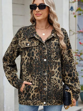 Pocketed Leopard Long Sleeve Denim Jacket Woman Denim Tops