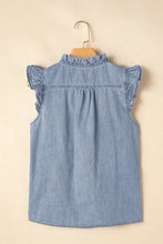 Frilly Ruffle Trim V Neck Chambray Tank Woman Denim Tops