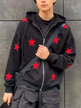 Men's Contrast Star Hooded Zip Up Hoodie Black Mens Tops