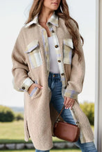 Slit Plaid Button Down Long Sleeve Coat Tan Woman Outerwear