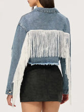 Distressed Fringe Collared Neck Cropped Denim Top Woman Tops