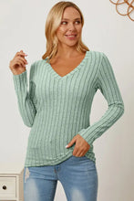 Basic Bae Ribbed V-Neck Long Sleeve Top in Light Green Light Green Woman T Shirts