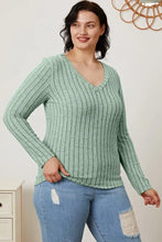 Basic Bae Ribbed V-Neck Long Sleeve Top in Light Green Woman T Shirts
