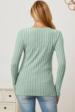 Basic Bae Ribbed V-Neck Long Sleeve Top in Light Green Woman T Shirts