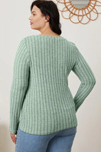 Basic Bae Ribbed V-Neck Long Sleeve Top in Light Green Woman T Shirts