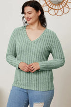 Basic Bae Ribbed V-Neck Long Sleeve Top in Light Green Woman T Shirts