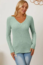 Basic Bae Ribbed V-Neck Long Sleeve Top in Light Green Woman T Shirts