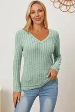 Basic Bae Ribbed V-Neck Long Sleeve Top in Light Green Woman T Shirts