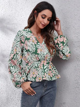 Floral V-Neck Balloon Sleeve Peplum Blouse Woman Blouses