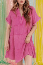Mineral Wash Crinkle Split Neck Raw Hem Tiered Dress Hot Pink Casual Dresses