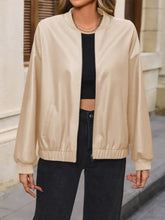 Ivy Lane Zip Up Baseball Collar Dropped Shoulder Jacket Tan Woman Outerwear