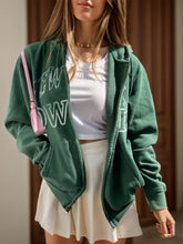 Letter Graphic Zip Up Long Sleeve Hooded Jacket Dark Green Woman Outerwear