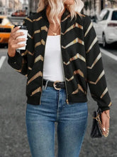 Printed Baseball Collar Zip Up Jacket Black Woman Outerwear