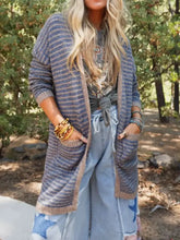 Open Front Long Sleeve Striped Cardigan Dusty Blue Woman Outerwear