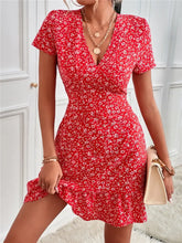 Printed Ruffled Hem V-Neck Short Sleeve Mini Dress Woman Casual Dress