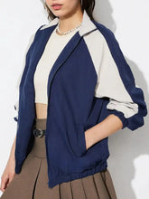 Contrast Zip Up Collared Neck Long Sleeve Jacket Dark Blue Woman Outerwear