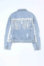 Sequin Fringe Trim Distressed Button Up Denim Jacket Woman Outerwear