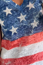 Womens short sleeve basic style V-neck distressed American flag top