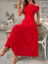 Single Shoulder Midi Dress with Pockets Woman Dress
