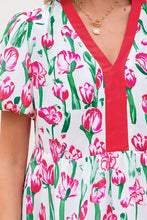 Floral Print Contrast Trim V Neck Bubble Short Sleeve Babydoll Dress Casual Dresses