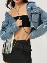 Distressed Fringe Collared Neck Cropped Denim Top Woman Tops