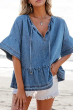Tie Neck Ruffled Half Sleeve Denim Top Woman Denim Tops