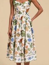Tropical Print Tie-Shoulder Sweetheart Neck Midi Dress Woman Casual Dress