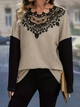Beige and Black Two-Tone Lace Trim Sweater for Women Khaki Woman T Shirts
