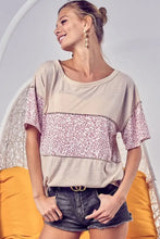 Beige and Pink Leopard Block Triblend Knit Tunic Top for Women Woman T Shirts
