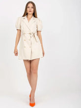 Beige Double Breasted Belted Blazer Dress with Puff Sleeves Evening Dresses