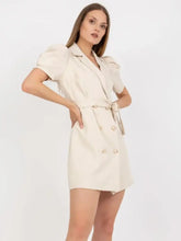 Beige Double Breasted Belted Blazer Dress with Puff Sleeves Evening Dresses