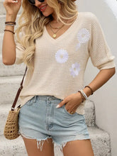 Beige Half Sleeve Waffle Knit Top with Floral Appliqué for Women Woman T Shirts