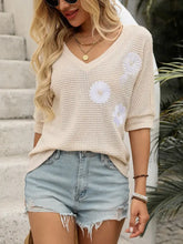 Beige Half Sleeve Waffle Knit Top with Floral Appliqué for Women Beige Woman T Shirts