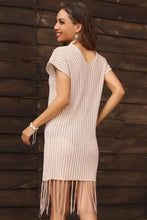 Beige Knit Fringe Dress with V Neck and Short Sleeves Swimwear Cover-Ups