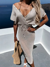 Beige Knit Wrap Dress Semi Sheer Swimsuit Cover Up with Slit Swimwear Cover-Ups