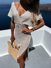 Beige Knit Wrap Dress Semi Sheer Swimsuit Cover Up with Slit Tan Swimwear Cover-Ups