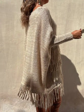 Beige Knitted Fringe Poncho with Long Sleeve Length Sweater Pullovers