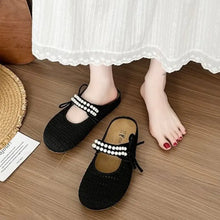 Beige Pearl-Strapped Mary Jane Knitted Loafers for Women Woman Loafers
