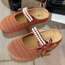 Beige Pearl-Strapped Mary Jane Knitted Loafers for Women Woman Loafers