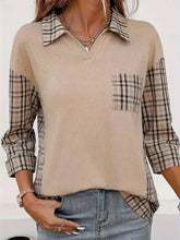 Beige Plaid Collared Button Down Tunic for Women Dust Storm Woman T Shirts
