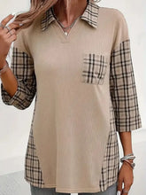 Beige Plaid Collared Button Down Tunic for Women Woman T Shirts