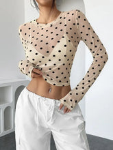 Beige Polka Dot Mesh Long Sleeve Top for Women Woman T Shirts