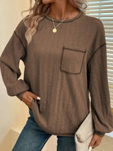Beige Ribbed Knit Long Sleeve Top with Pocket Woman T Shirts