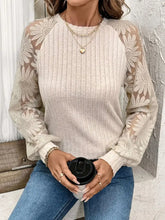 Beige Ribbed Knit Top with Floral Lace Sleeves Dust Storm Woman T Shirts