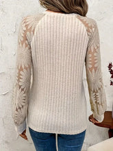 Beige Ribbed Knit Top with Floral Lace Sleeves Woman T Shirts