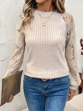 Beige Ribbed Knit Top with Floral Lace Sleeves Woman T Shirts