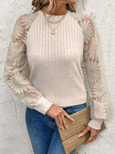 Beige Ribbed Knit Top with Floral Lace Sleeves Woman T Shirts