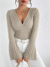 Beige Ribbed Knit Wrap Top for Women Khaki Woman T Shirts